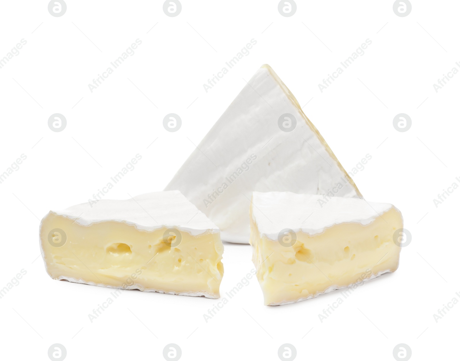 Photo of Tasty cut brie cheese on white background