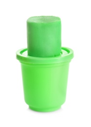 Photo of Colorful play dough and container on white background