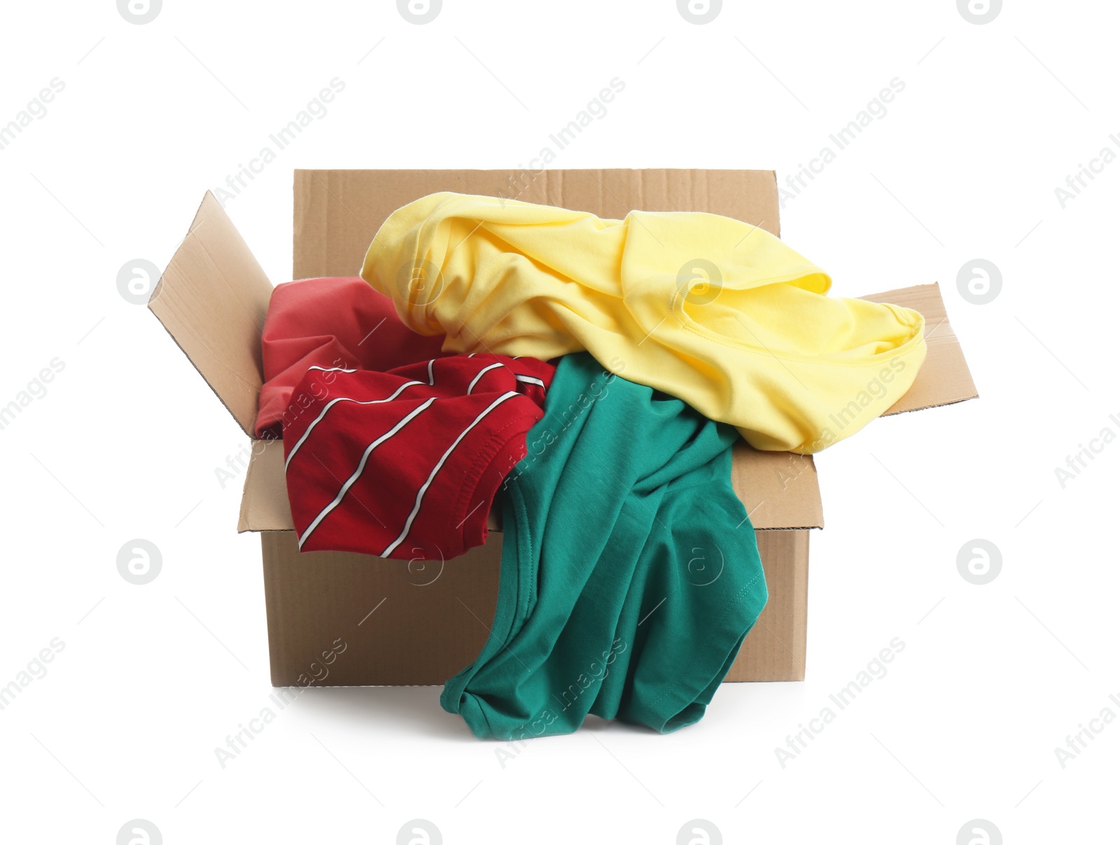 Photo of Cardboard box with clothes isolated on white