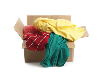 Cardboard box with clothes isolated on white