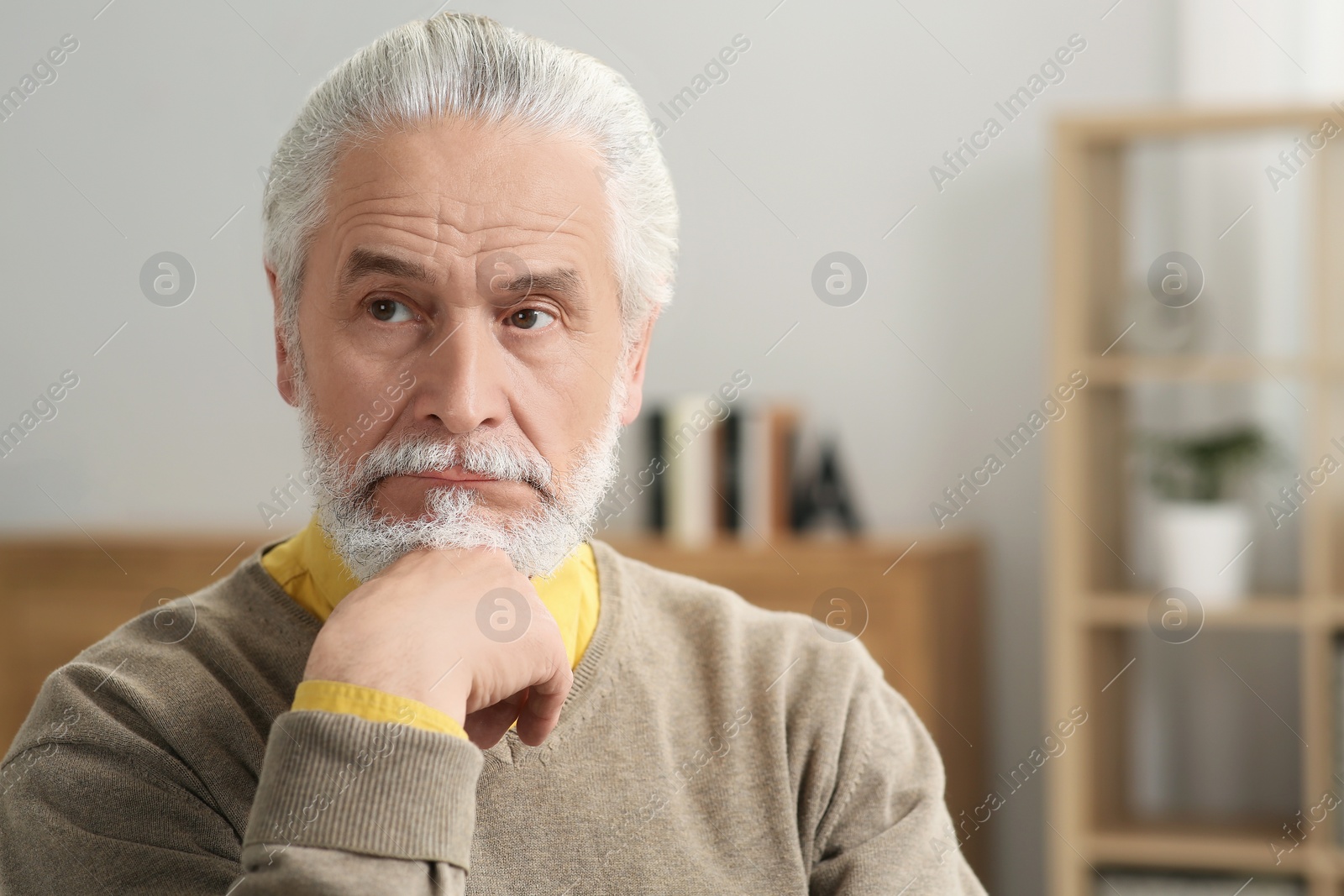 Photo of Portrait of handsome senior man at home. Space for text