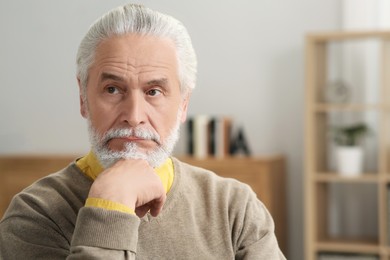 Portrait of handsome senior man at home. Space for text