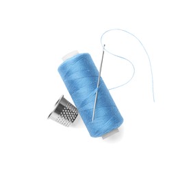 Spool of light blue sewing thread with needle and thimble on white background, top view