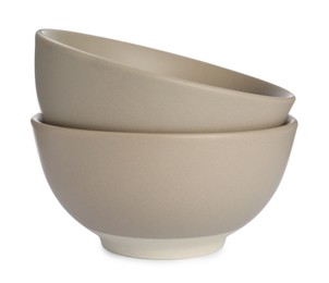 Stylish empty ceramic bowls on white background. Cooking utensil
