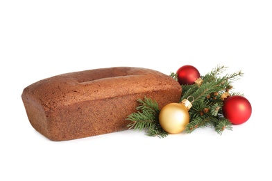 Photo of Delicious gingerbread cake and Christmas decor on white background
