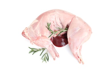 Photo of Whole raw rabbit, liver and rosemary isolated on white, top view
