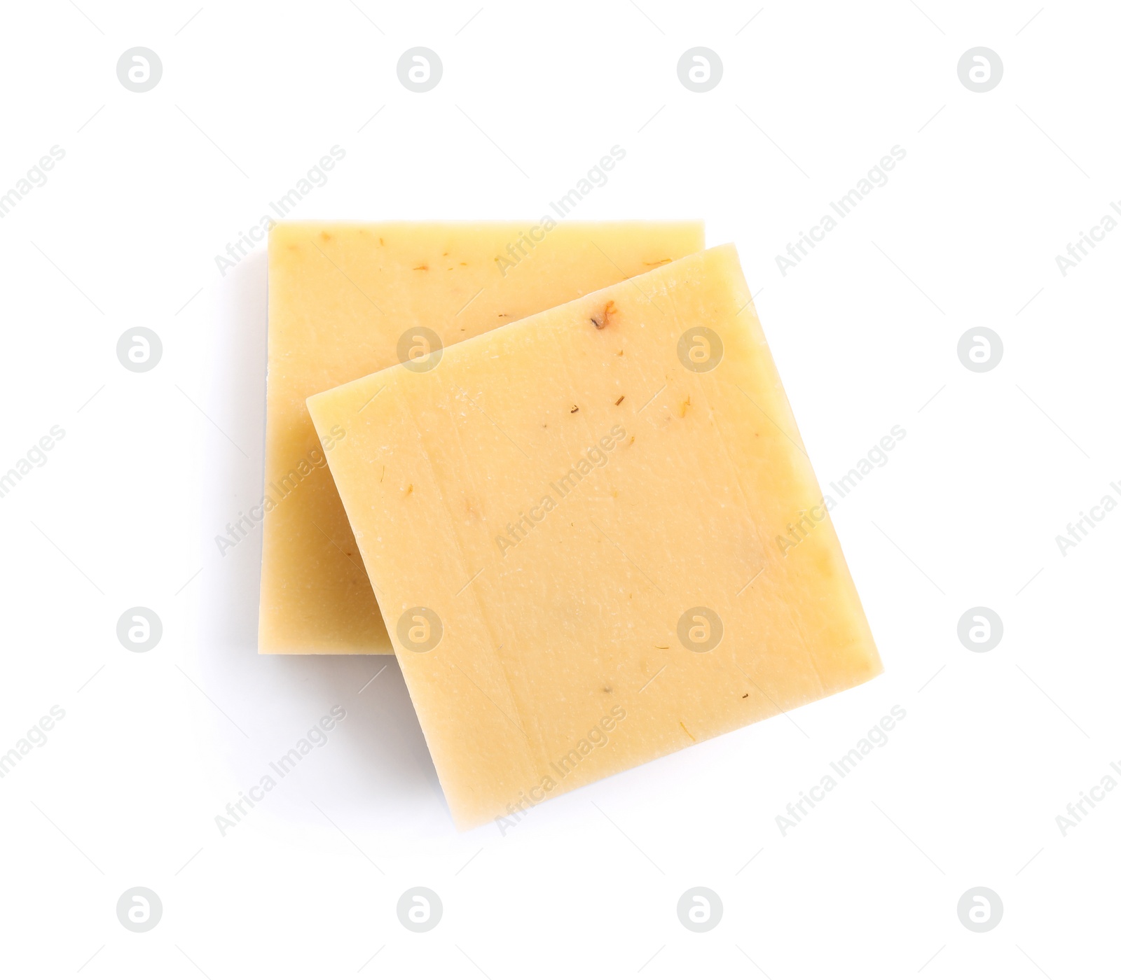 Photo of Hand made soap bars on white background, top view