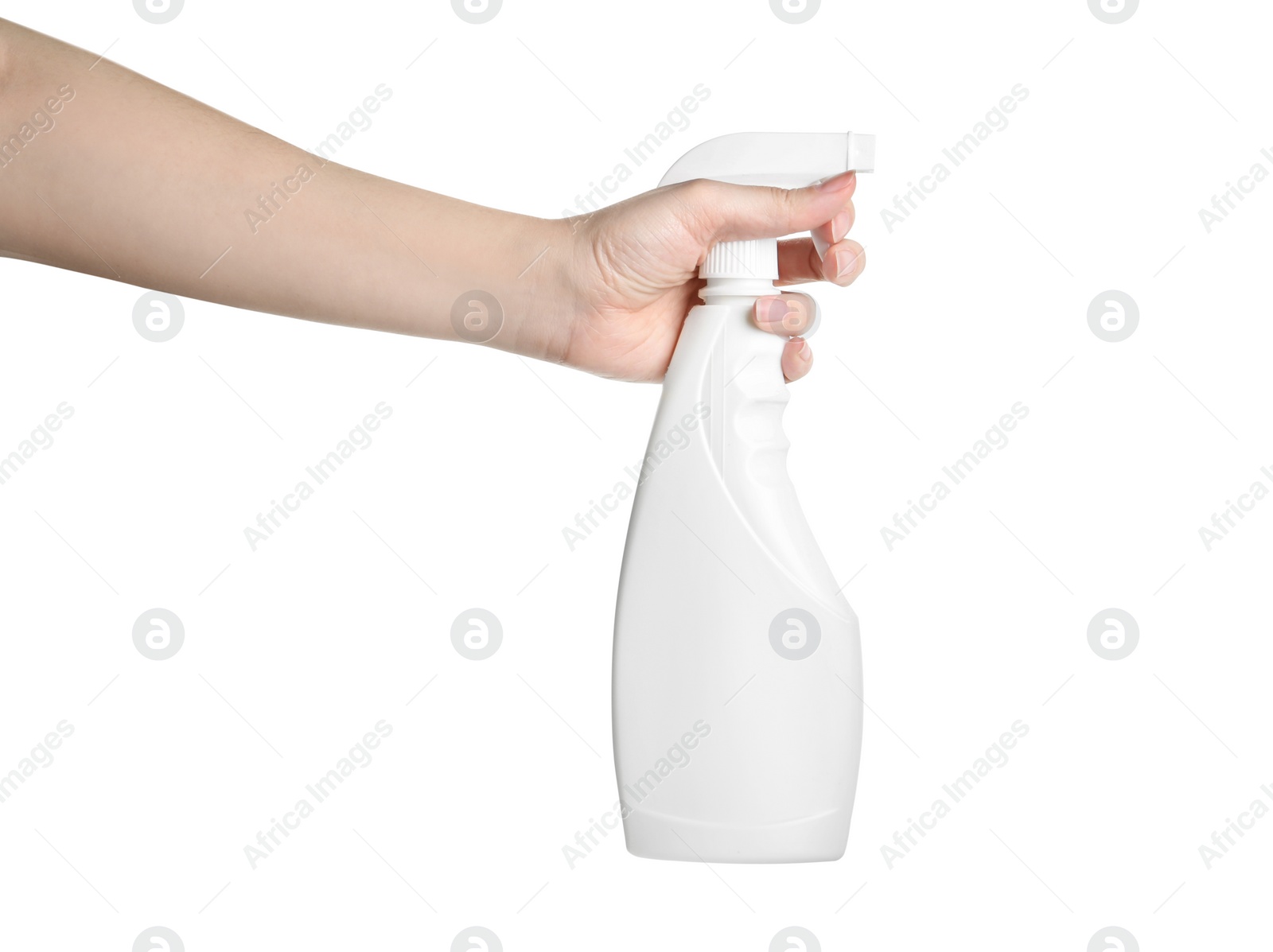 Photo of Woman with antiseptic spray on white background, closeup