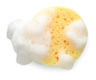 Photo of Yellow sponge with foam isolated on white, top view