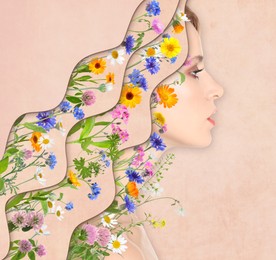 Creative art collage with beautiful meadow flowers and woman on beige background