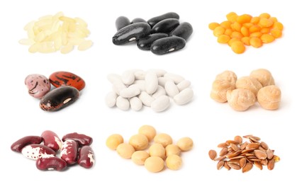 Image of Set with different legumes, grains and seeds on white background. Vegan diet