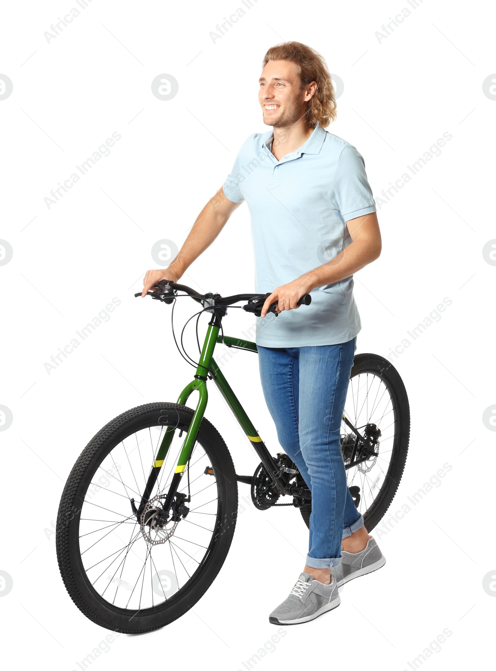 Photo of Happy young man with bicycle on white background