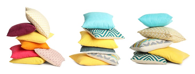 Image of Set with different stylish decorative pillows on white background. Banner design