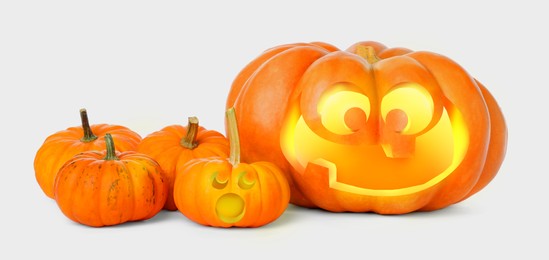 Image of Spooky jack o`lanterns on white background, banner design. Halloween decor