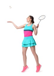 Photo of Young woman playing badminton with racket on white background