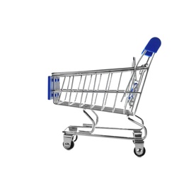 Empty metal shopping trolley isolated on white