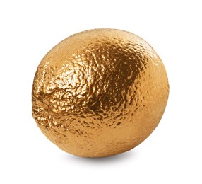 Photo of One shiny golden lemon on white background