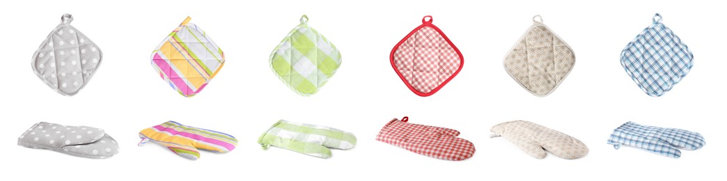 Set with different oven gloves and potholders on white background. Banner design