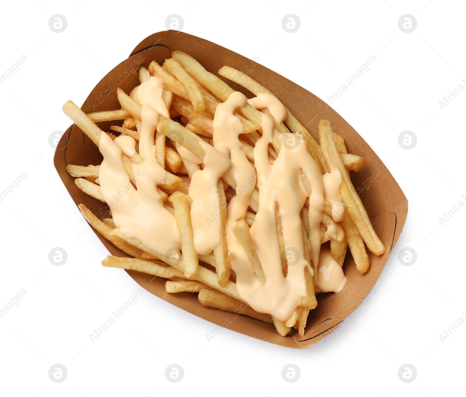 Photo of Delicious French fries with cheese sauce isolated on white, top view