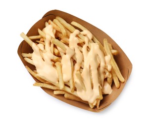 Delicious French fries with cheese sauce isolated on white, top view