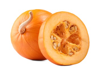 Photo of Whole and cut fresh ripe pumpkins isolated on white