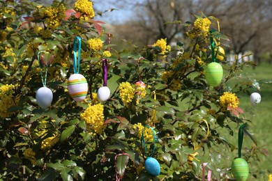 Photo of Beautifully painted Easter eggs hanging on tree outdoors