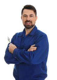 Photo of Portrait of professional auto mechanic with wrench on white background
