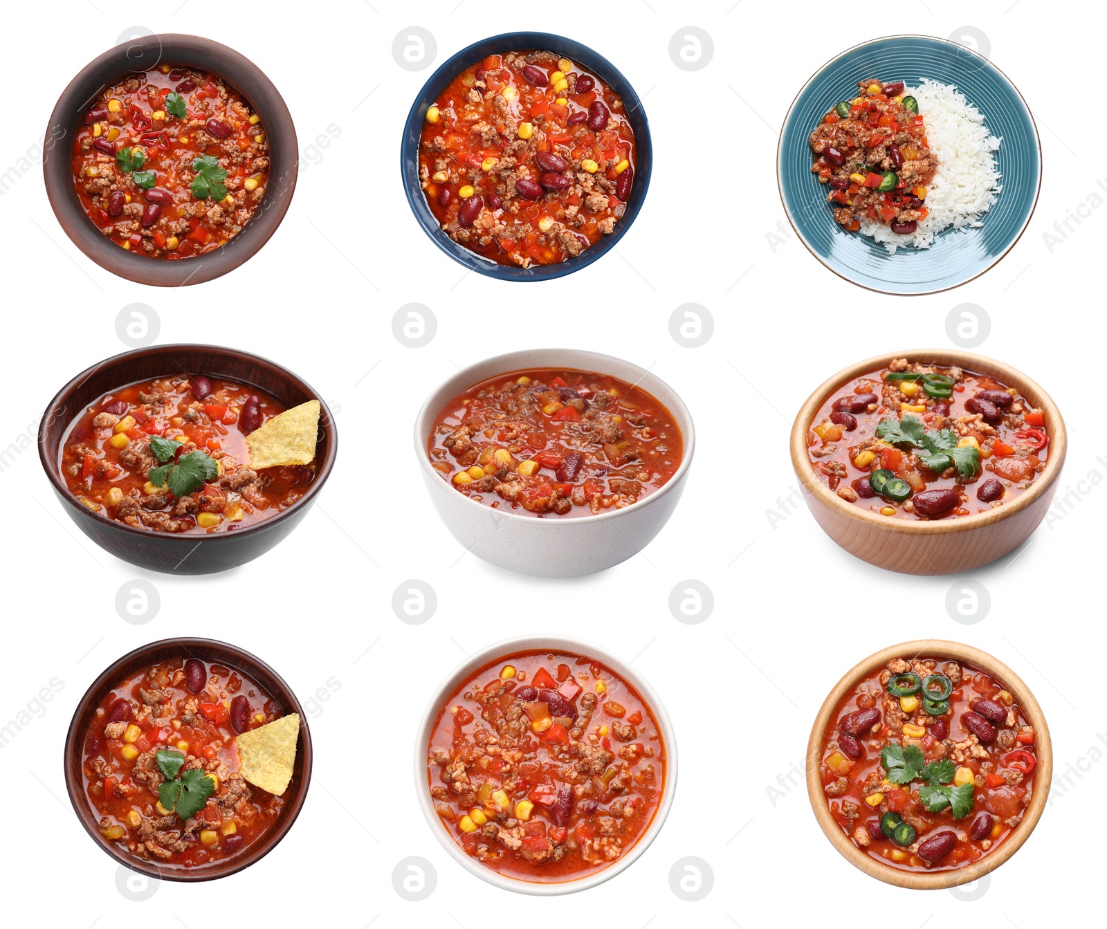 Image of Set with tasty chili con carne on white background