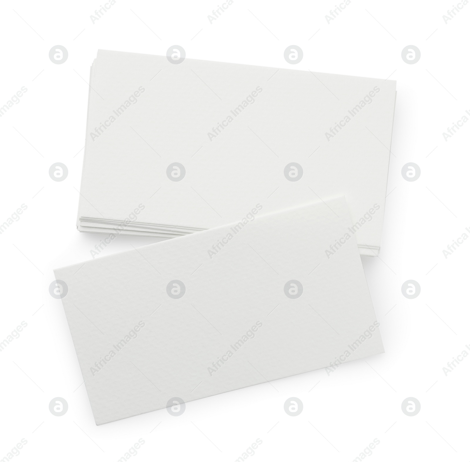 Photo of Blank business cards isolated on white, top view. Mockup for design