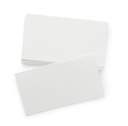 Blank business cards isolated on white, top view. Mockup for design