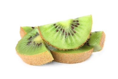 Cut fresh ripe kiwis on white background