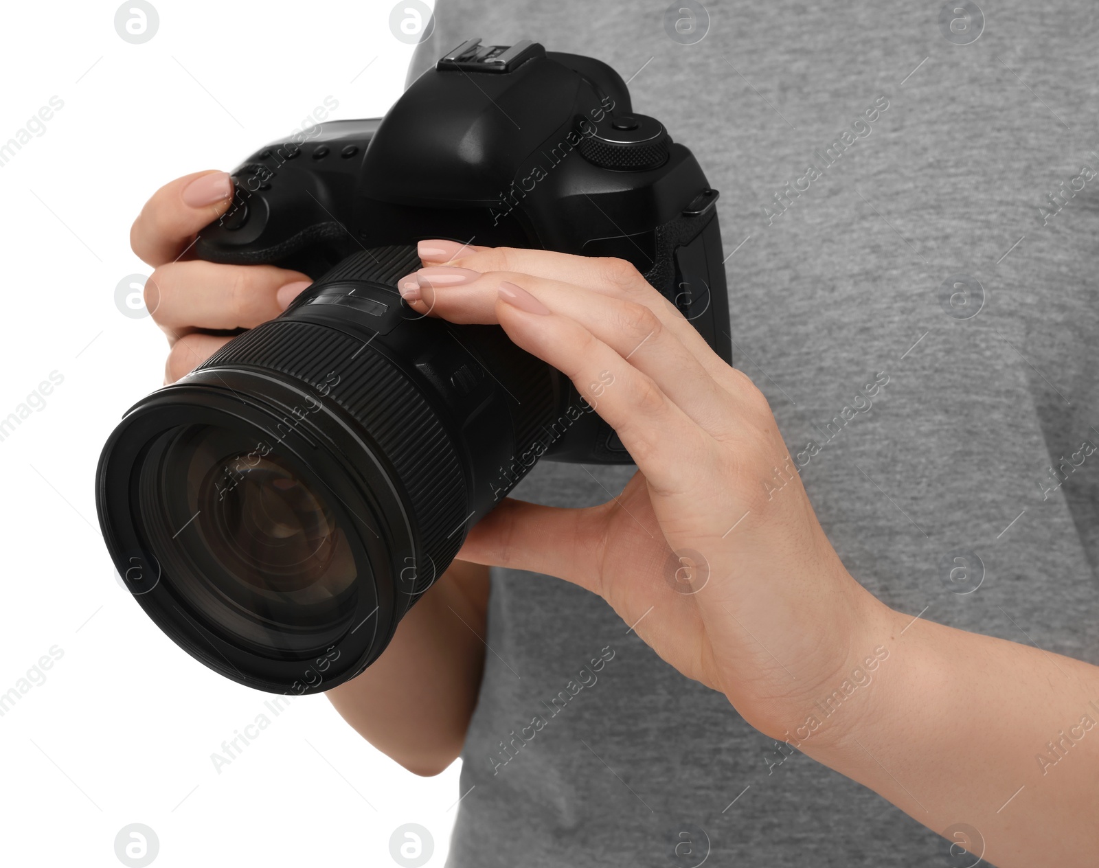 Photo of Photographer with camera on white background, closeup