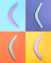 Image of Collage with photos of boomerangs on different color backgrounds, top view 