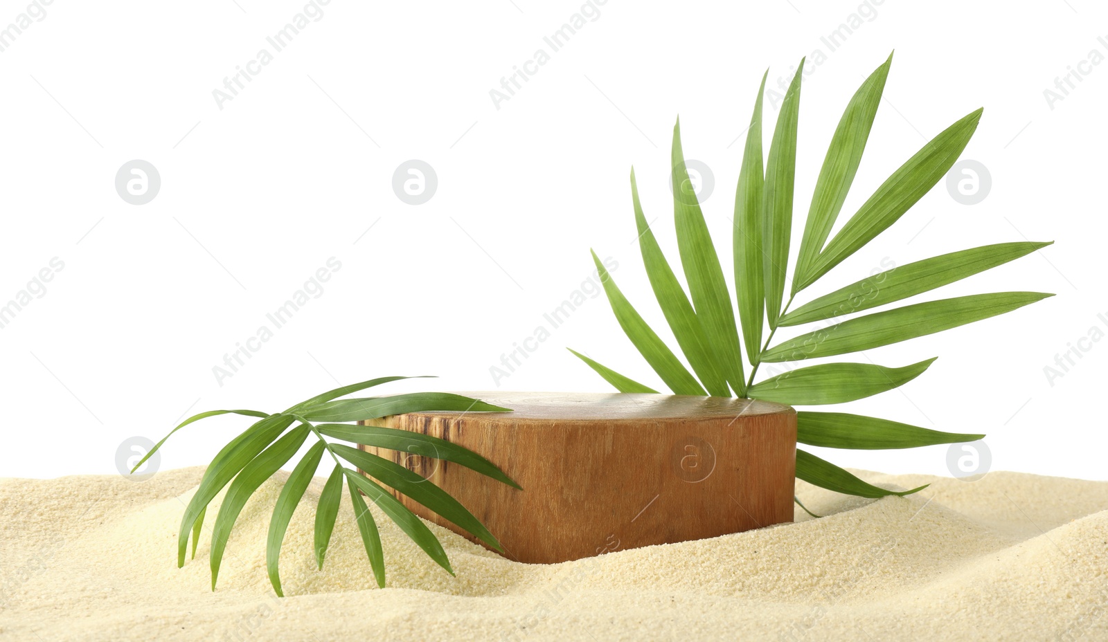 Photo of Presentation of product. Wooden podium and palm leaves on sand against white background