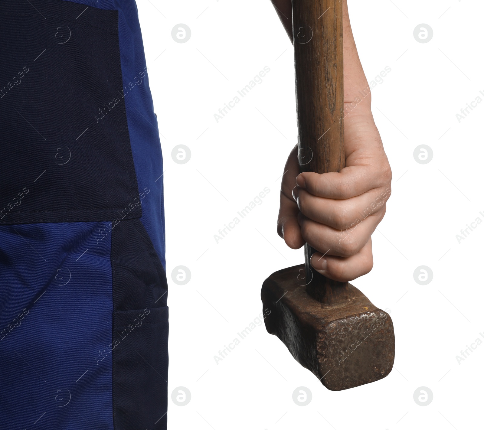 Photo of Man with sledgehammer on white background, closeup