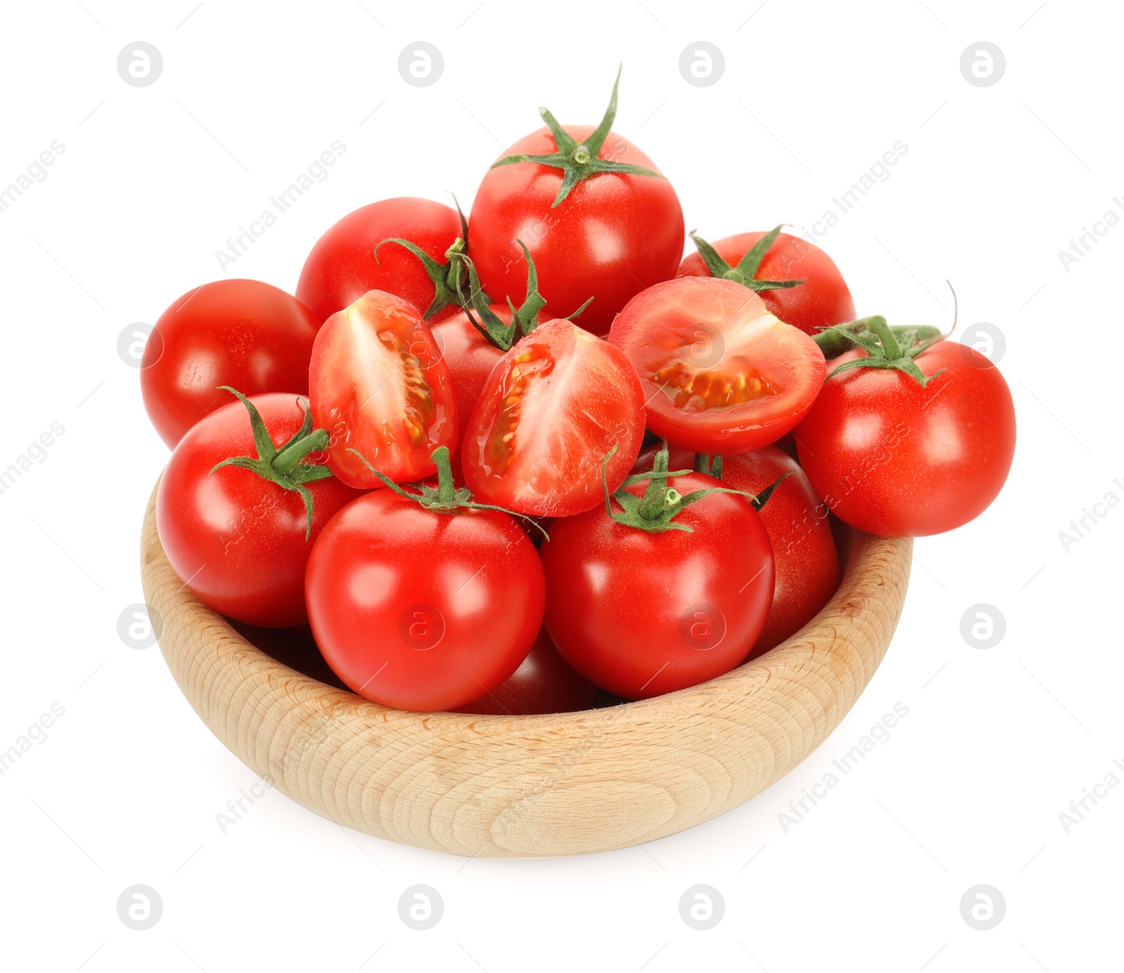 Photo of Wooden bowl with fresh ripe cherry tomatoes isolated on white