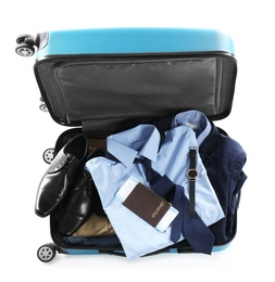 Packed suitcase with office wear and passport on white background, above view