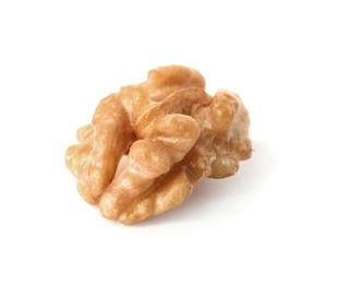 Half of tasty walnut on white background