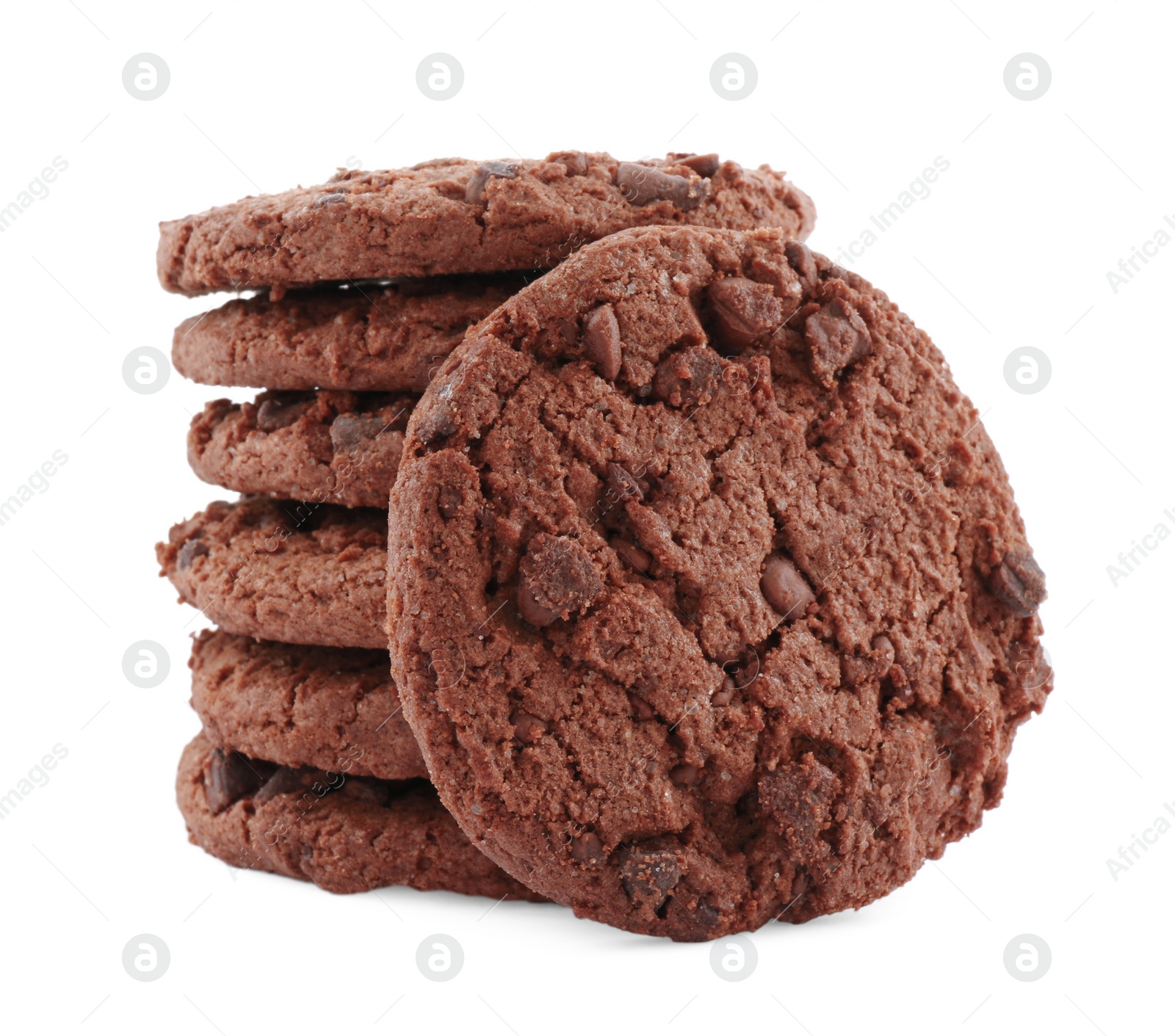 Photo of Stack of delicious chocolate chip cookies isolated on white