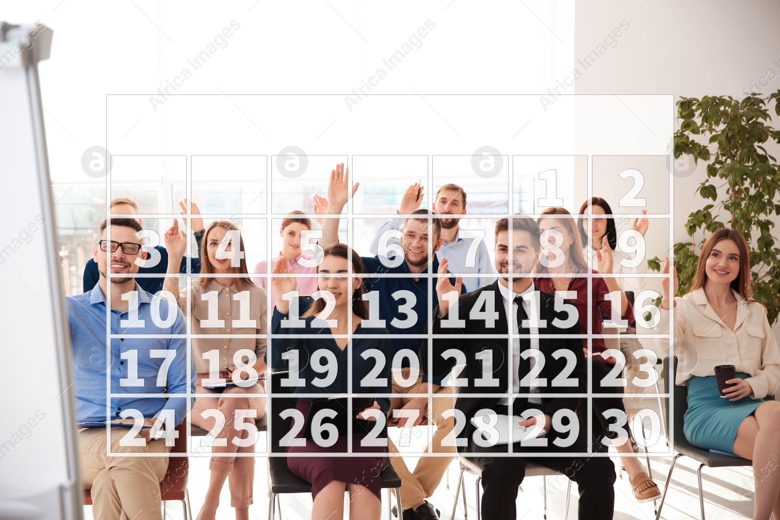 Image of Calendar and people having business meeting indoors