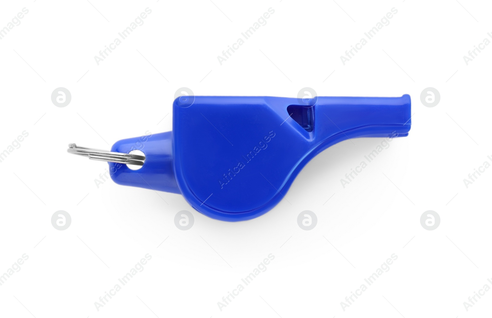 Photo of One blue whistle isolated on white, top view