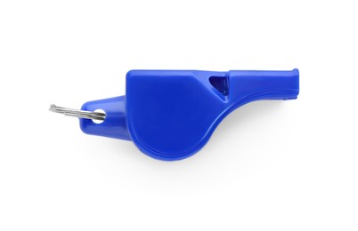 Photo of One blue whistle isolated on white, top view