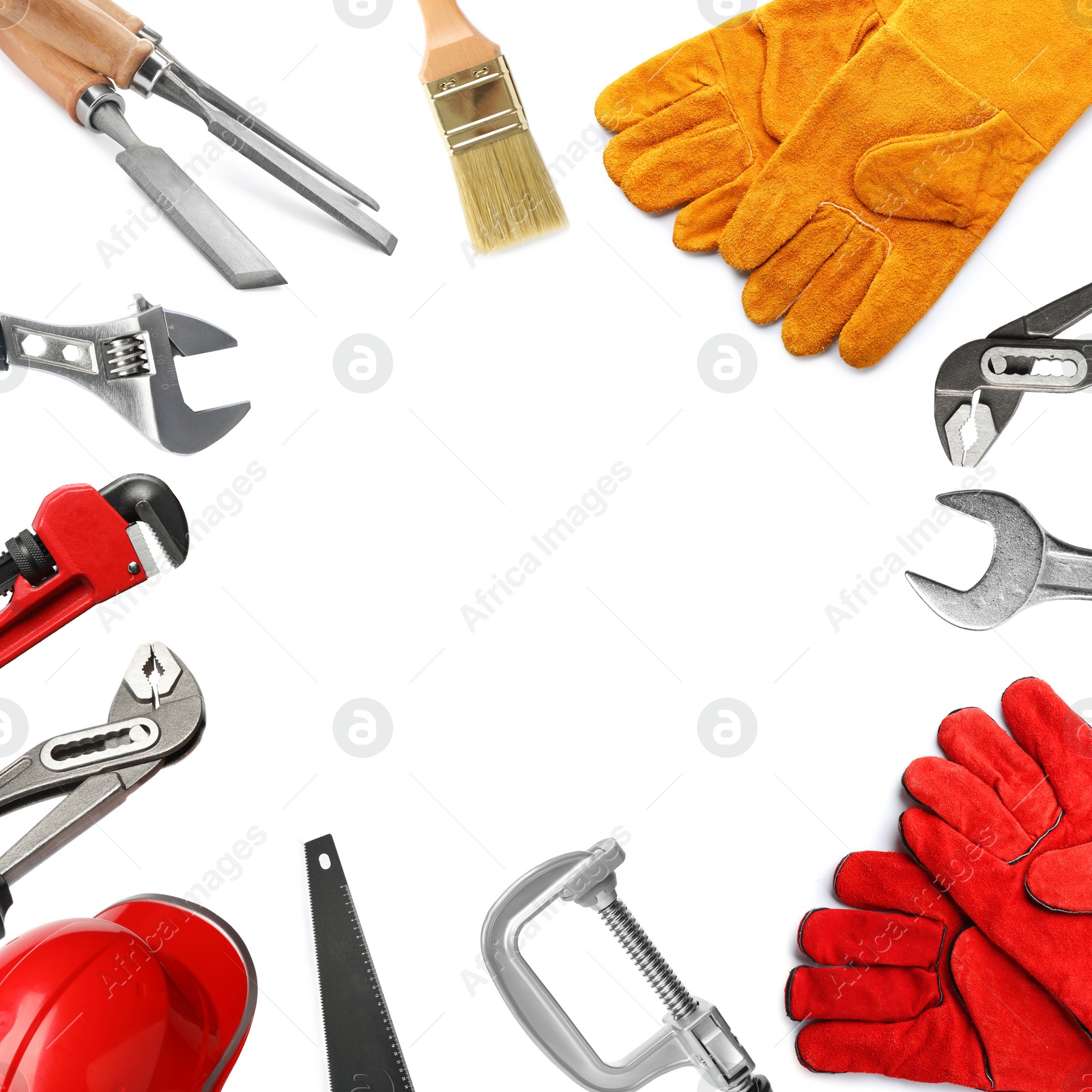 Image of Set with different construction and carpenter tools on white background