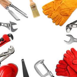 Set with different construction and carpenter tools on white background