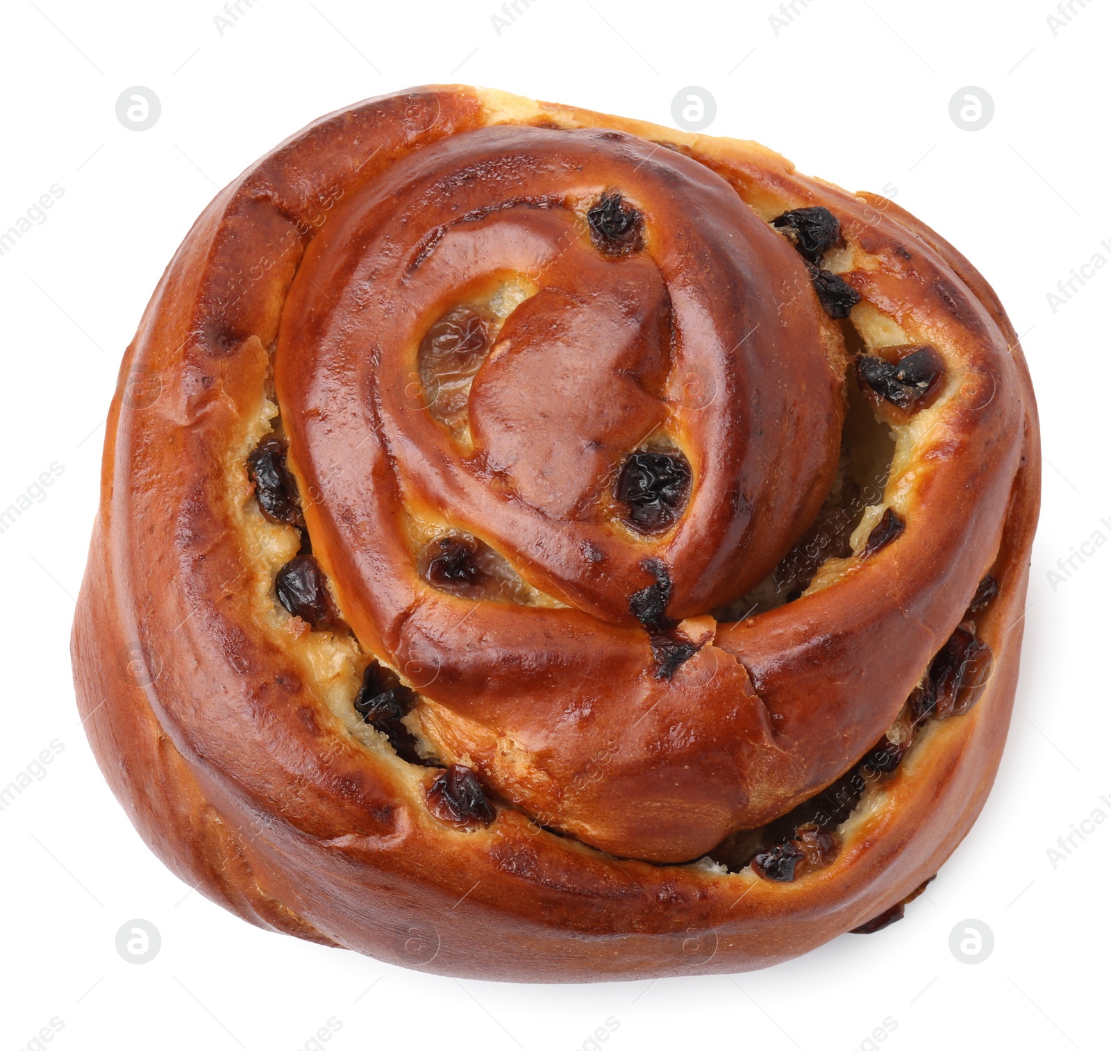 Photo of Delicious roll with raisins isolated on white, top view. Sweet bun