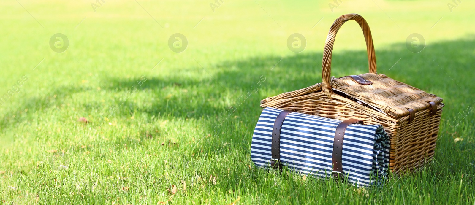 Image of Picnic basket with blanket on green lawn in garden, space for text. Banner design