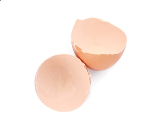 Photo of Egg shells on white background, top view. Composting of organic waste