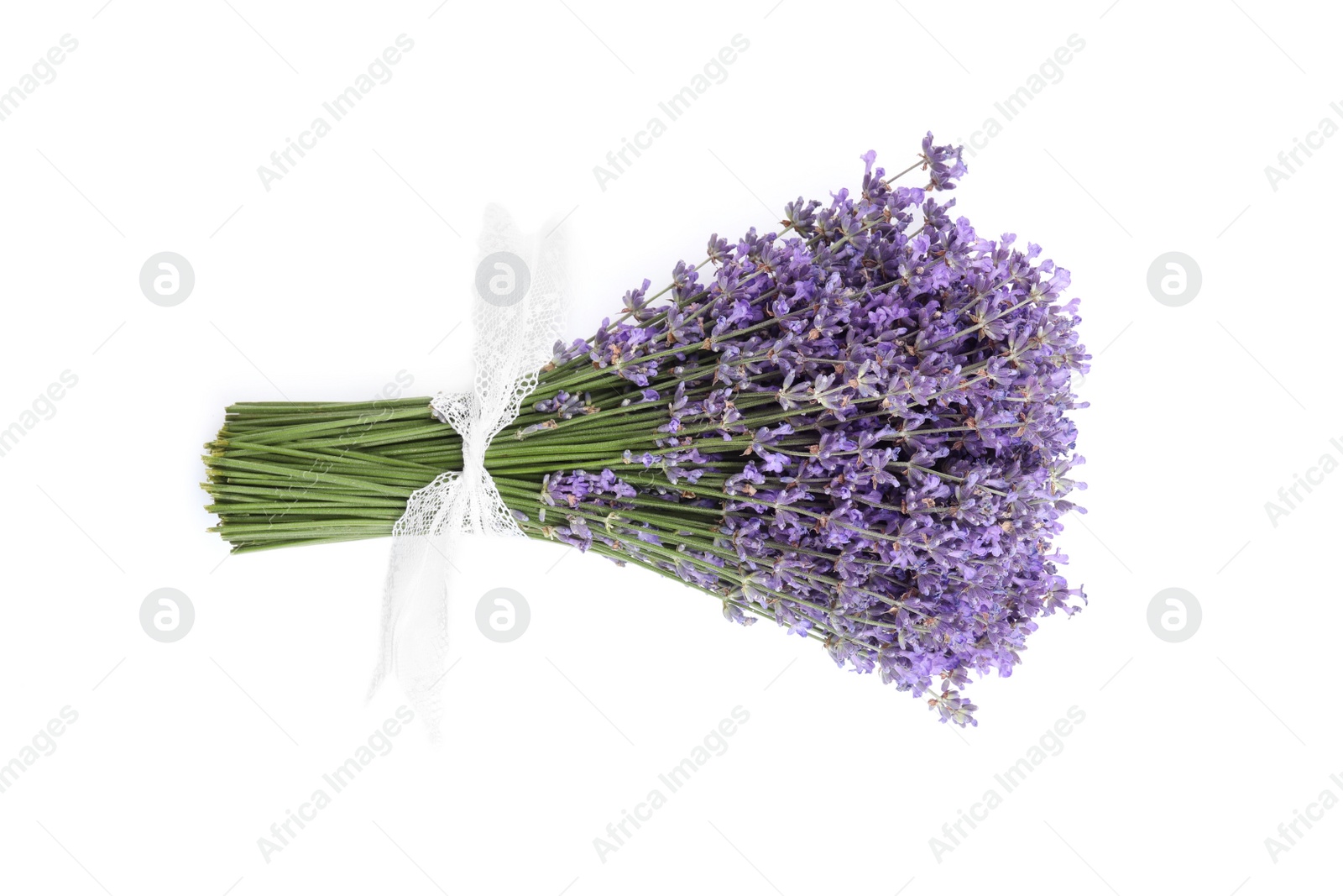 Photo of Beautiful bouquet of lavender flowers on white background, top view