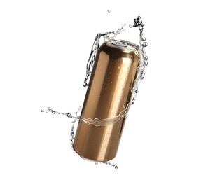 Image of Golden aluminum can with splash of water on white background