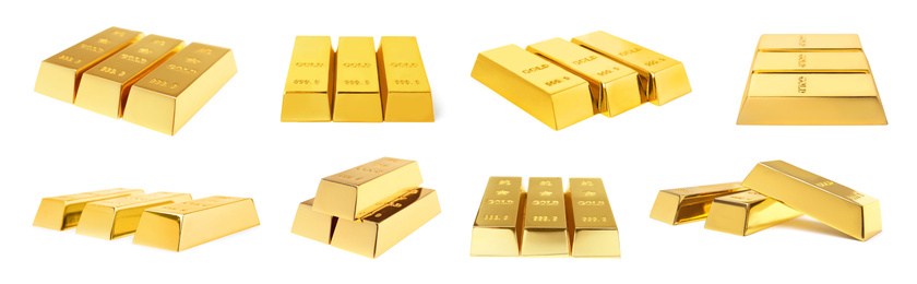 Image of Set of shiny gold bars on white background. Banner design